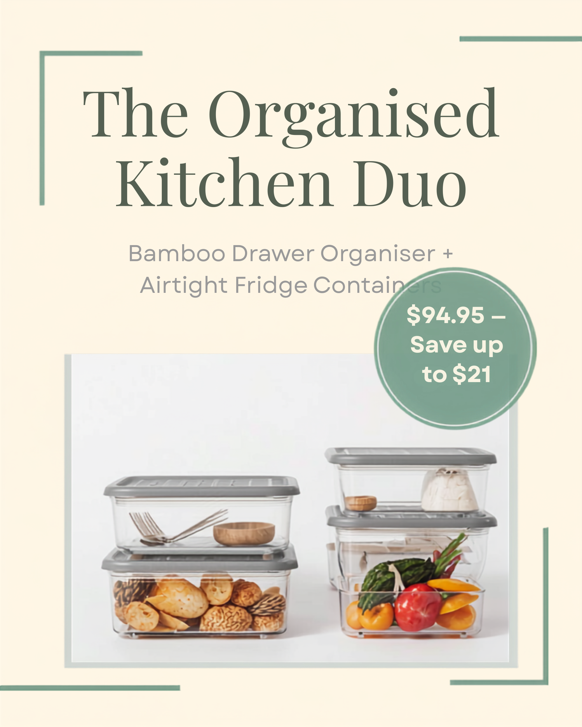 Bamboo cutlery organiser and fridge containers bundle - kitchen organisation duo by Nestlyco