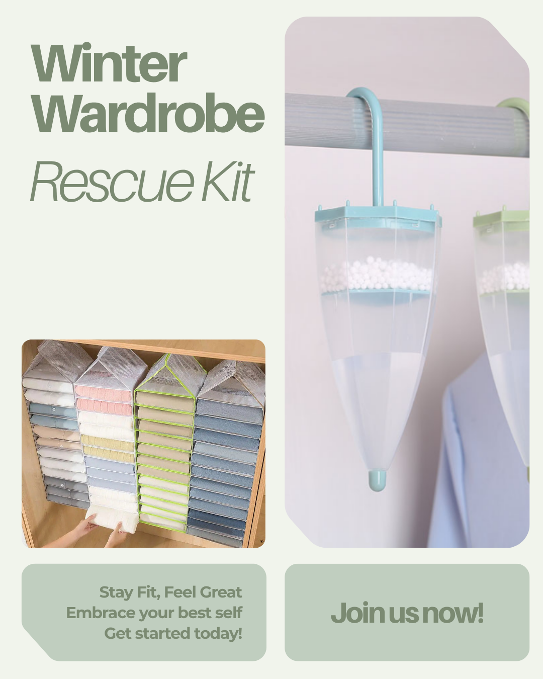 Winter Wardrobe Rescue Kit bundle - what's included: hanging wardrobe organiser plus 2 umbrella moisture absorbers, $59.95 launch offer with free AU shipping