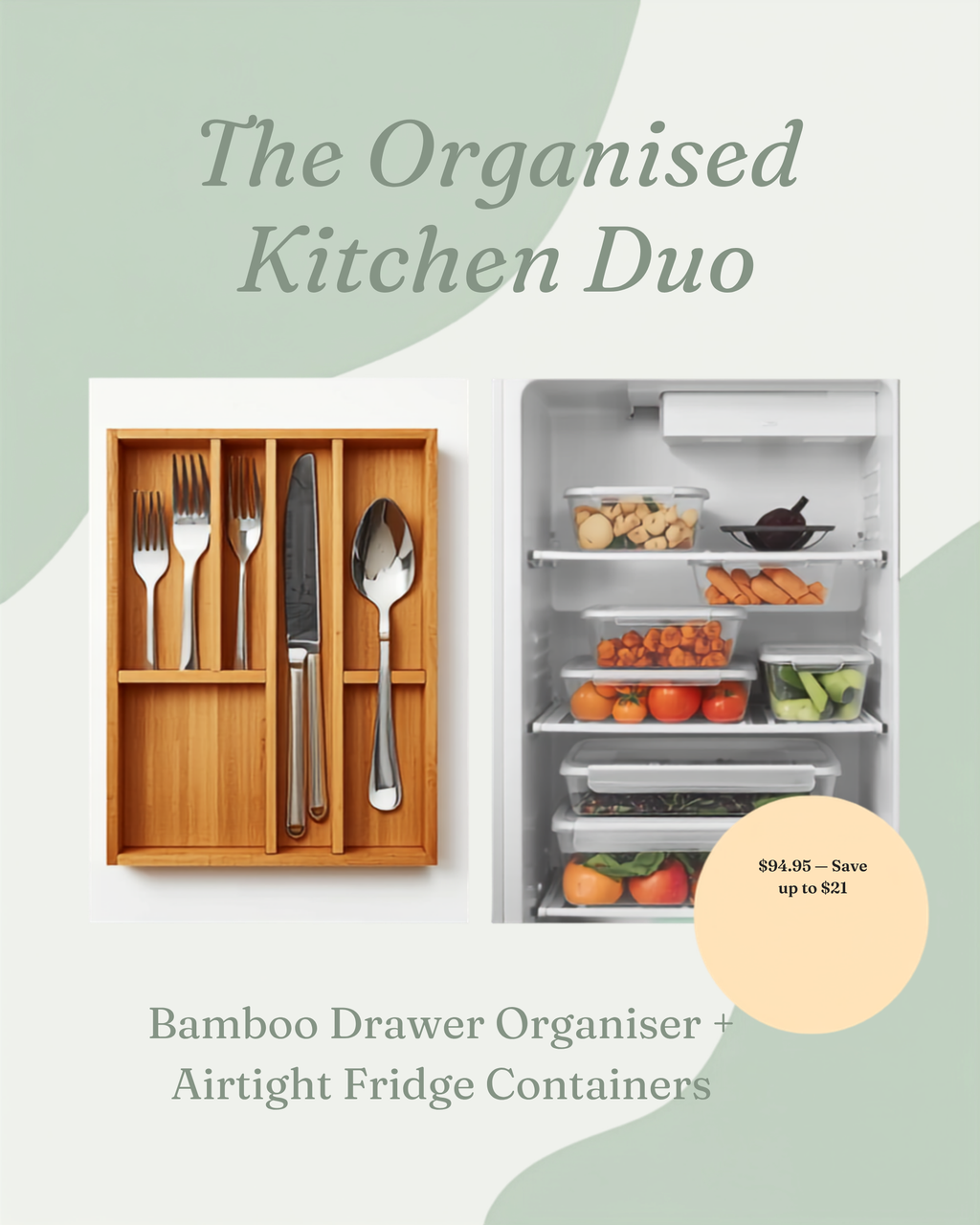 Nestlyco Organised Kitchen Duo bundle promotional graphic - drawer and fridge organisation set