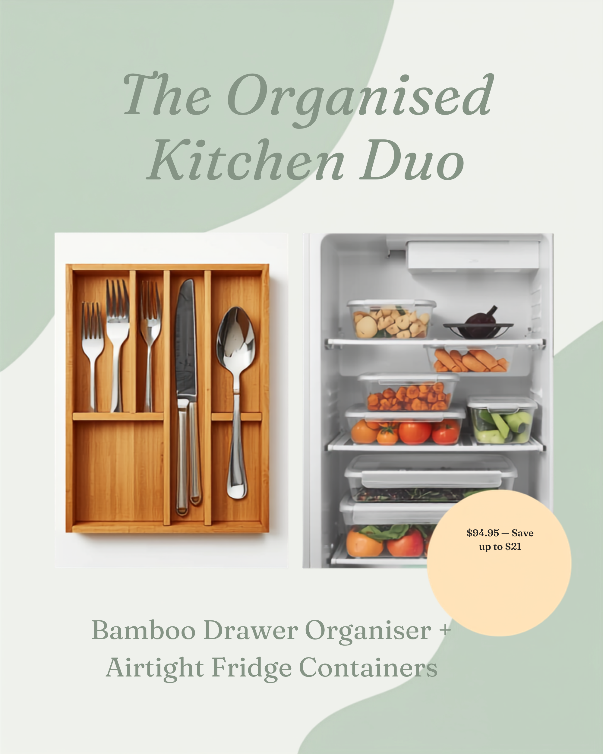 Nestlyco Organised Kitchen Duo bundle promotional graphic - drawer and fridge organisation set