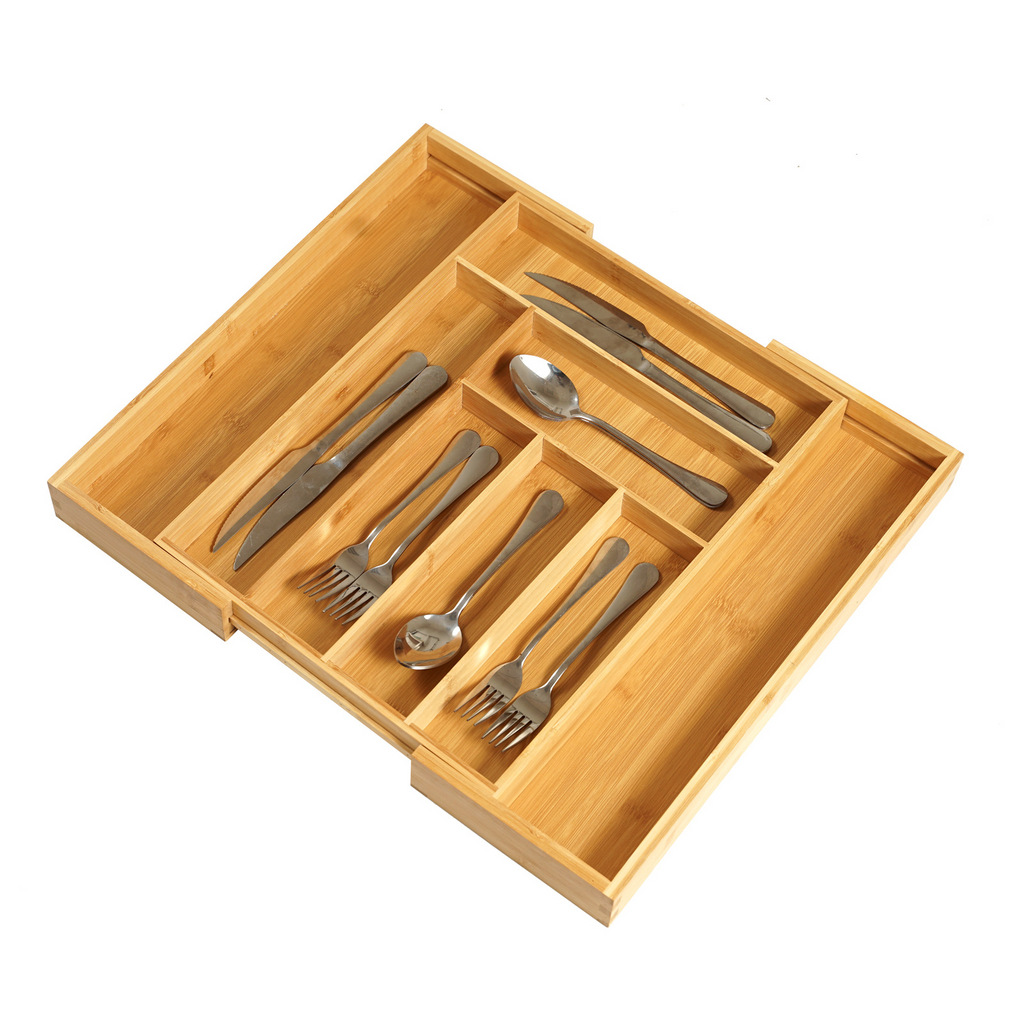 Bamboo cutlery drawer organiser with neatly arranged utensils - part of The Organised Kitchen Duo bundle