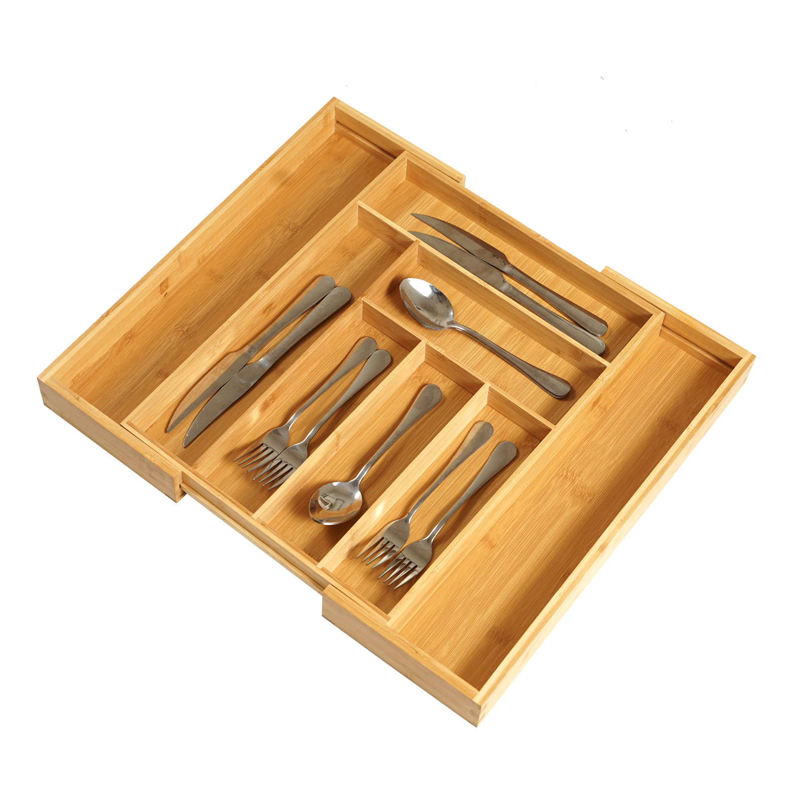 Bamboo cutlery drawer organiser with neatly arranged utensils - part of The Organised Kitchen Duo bundle