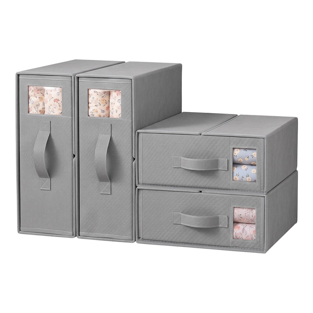 Four grey bed sheet organisers with clear windows