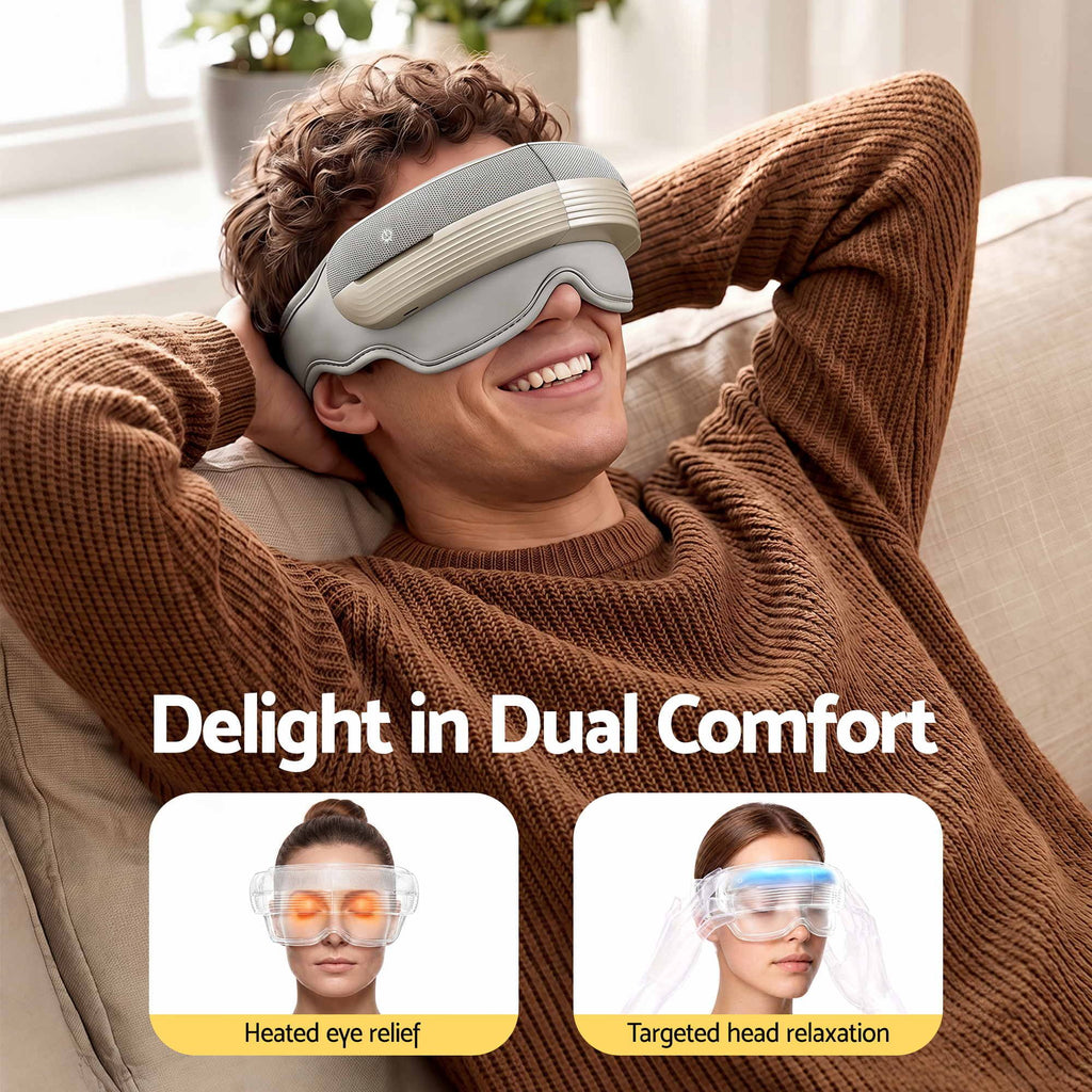 Man relaxing on the couch wearing the heated eye massager
