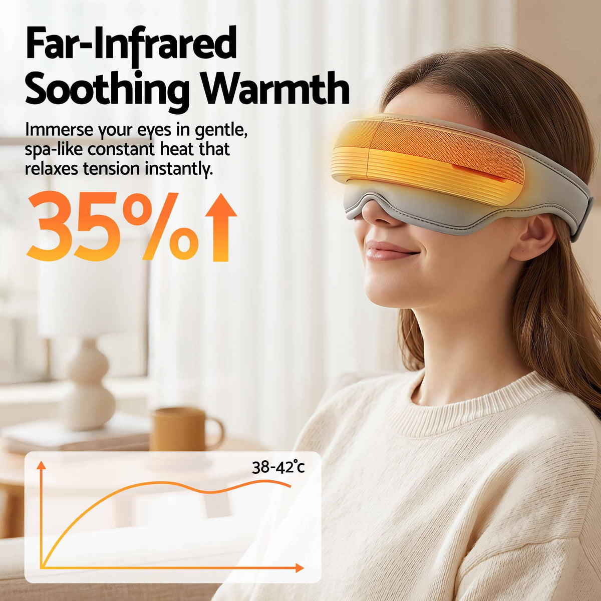 Eye massager with gentle heat across eyes, forehead and temples