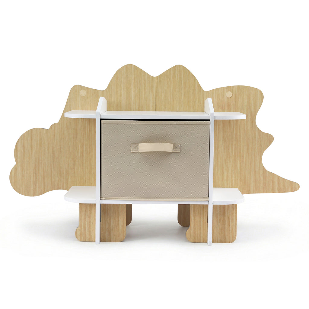 Green dinosaur kids bookshelf with fabric drawer