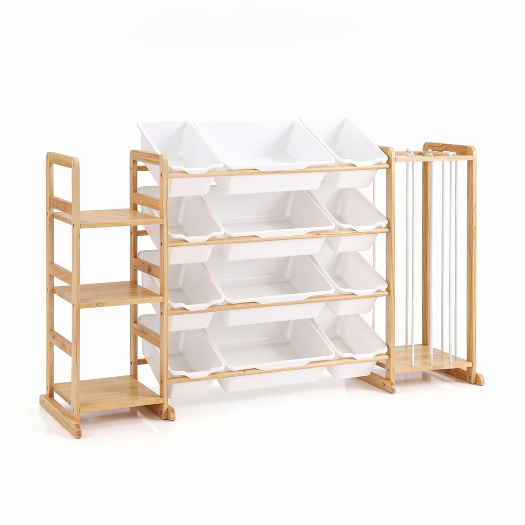 Kids toy storage organiser with 12 bins, bookshelf and soft toy storage