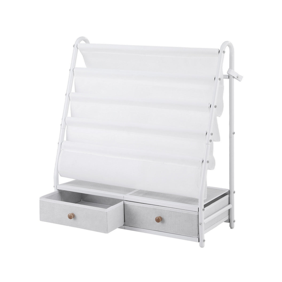 White metal kids bookshelf with fabric drawers