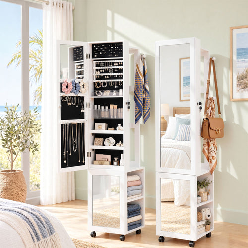 Full-length mirror jewellery cabinet on wheels, white