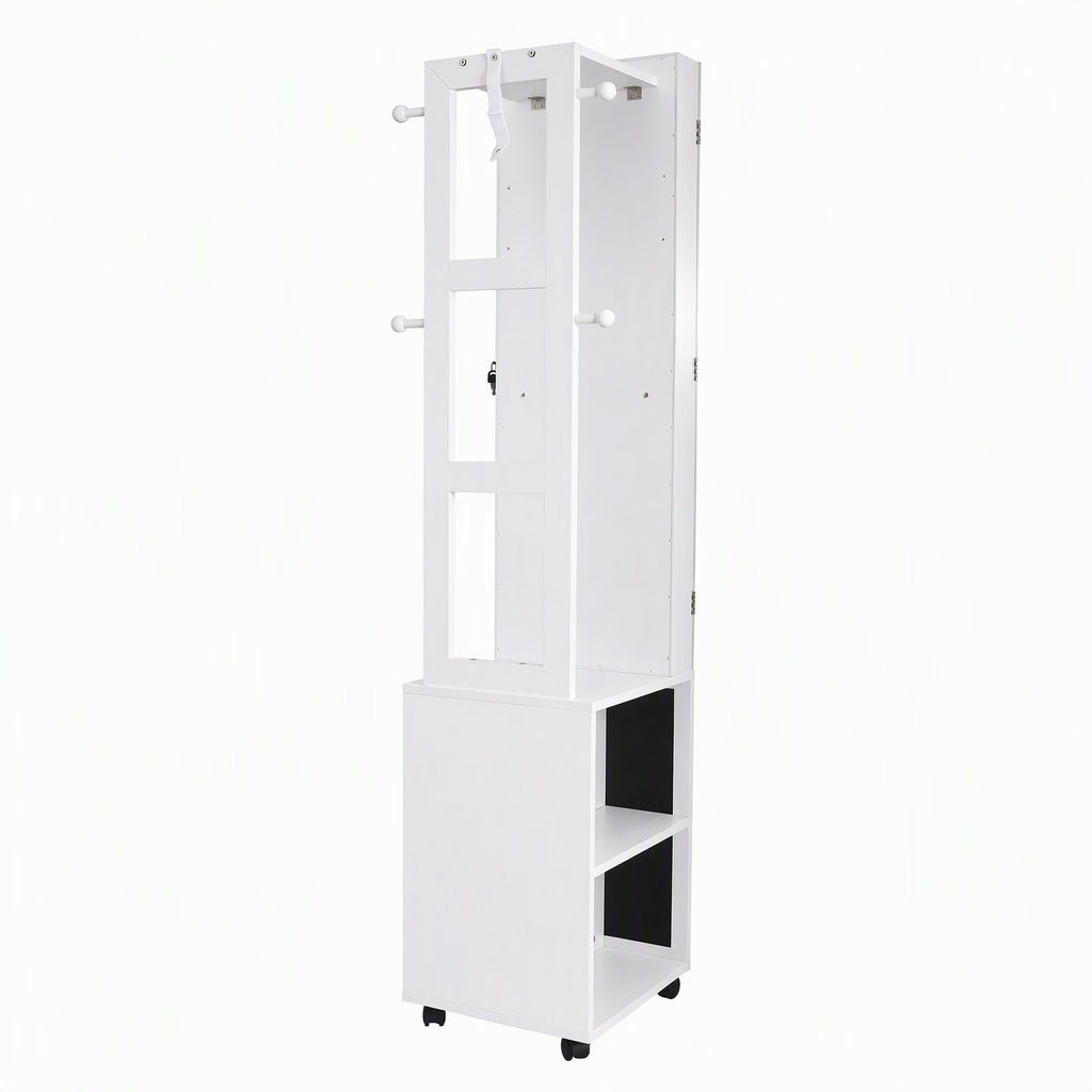 Hidden back storage with hanging rods and shelves