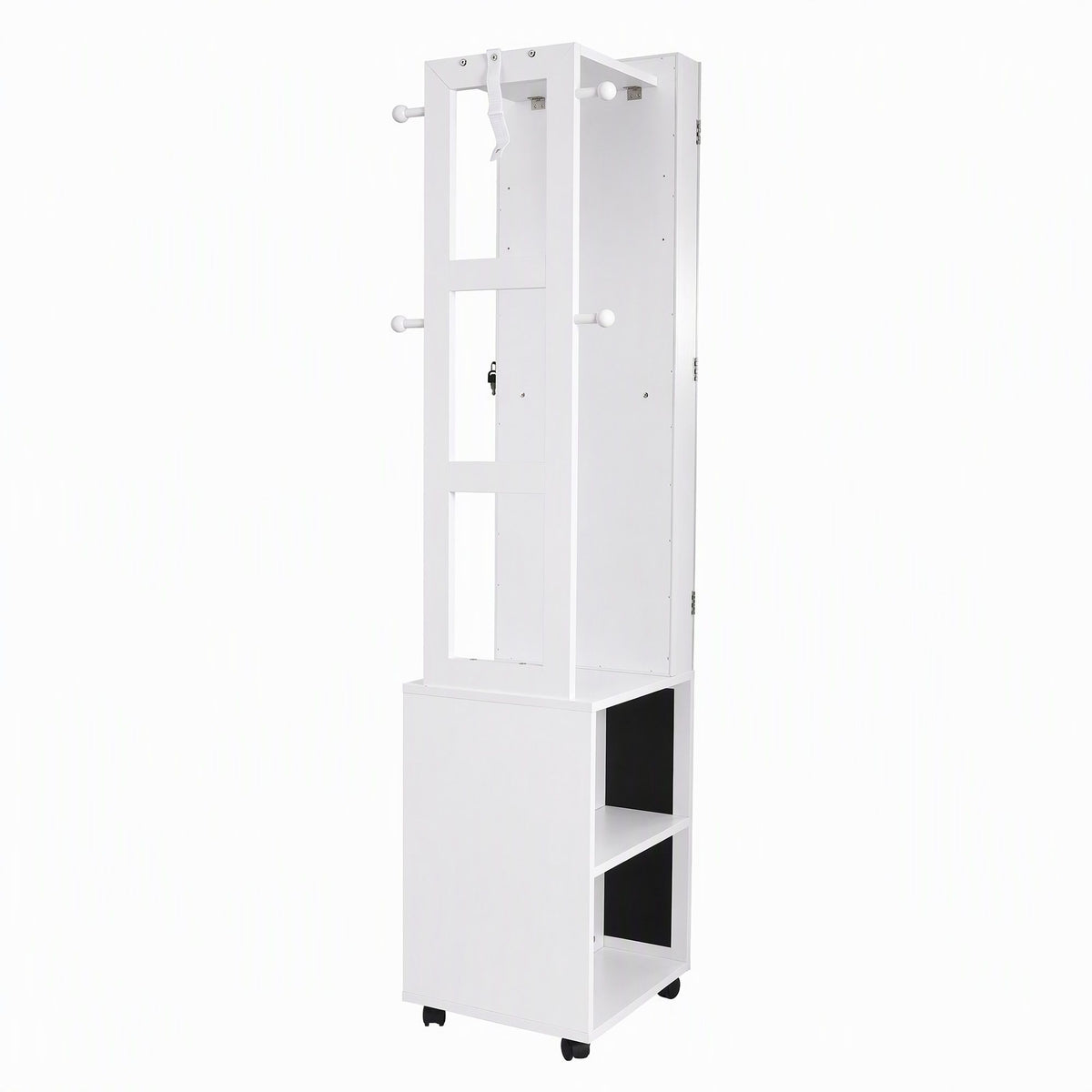 Hidden back storage with hanging rods and shelves