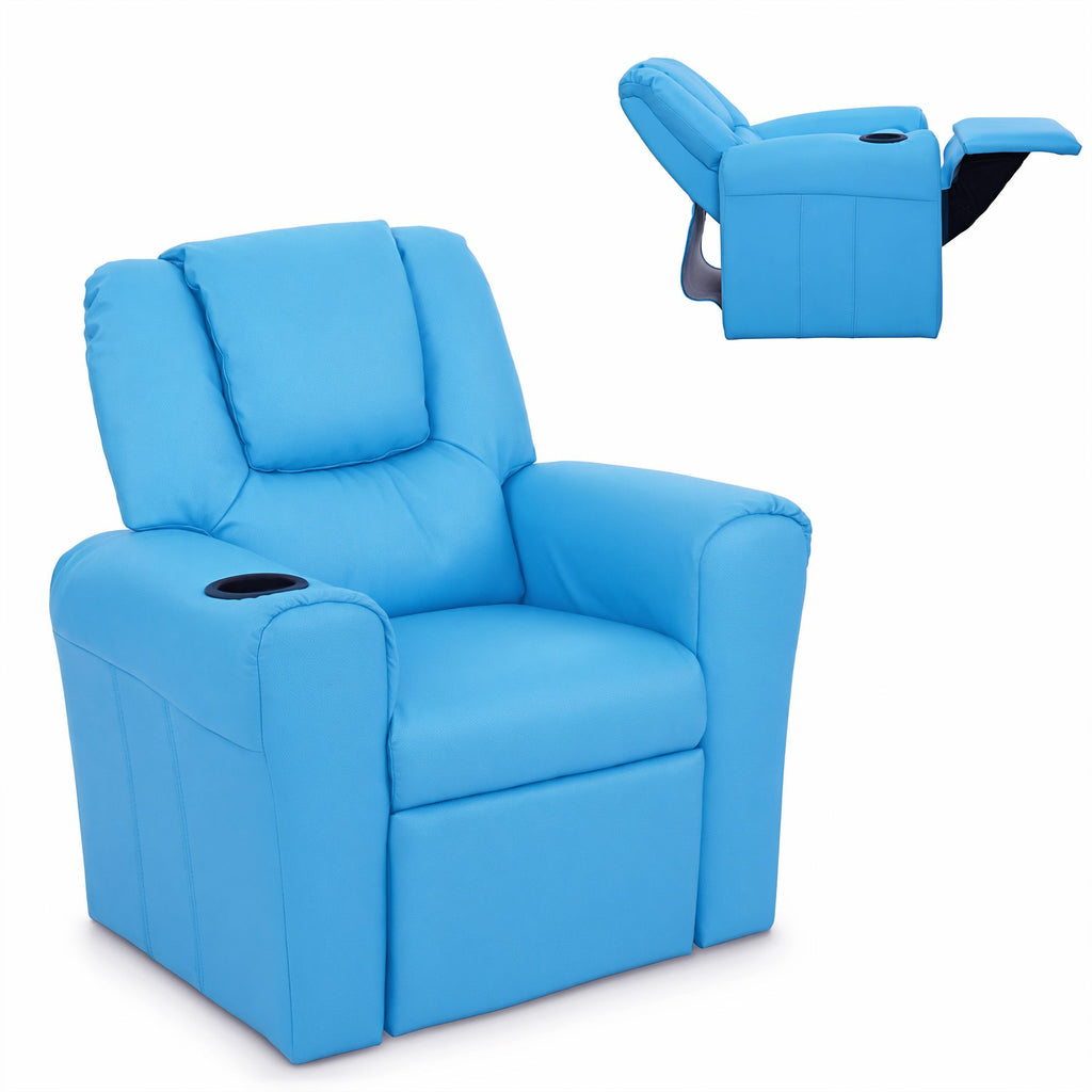 Blue kids recliner chair with cup holder