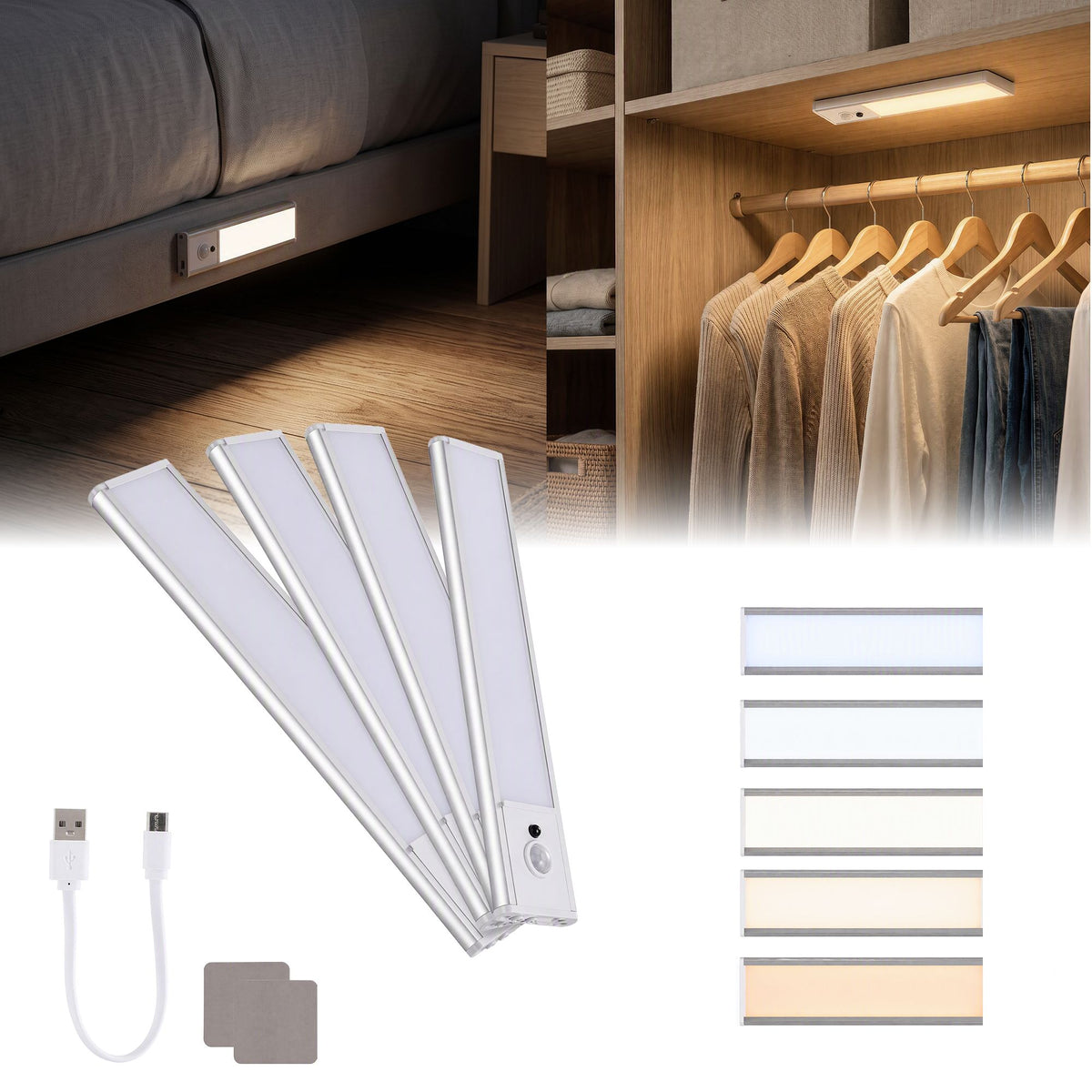 Four rechargeable motion sensor wardrobe lights