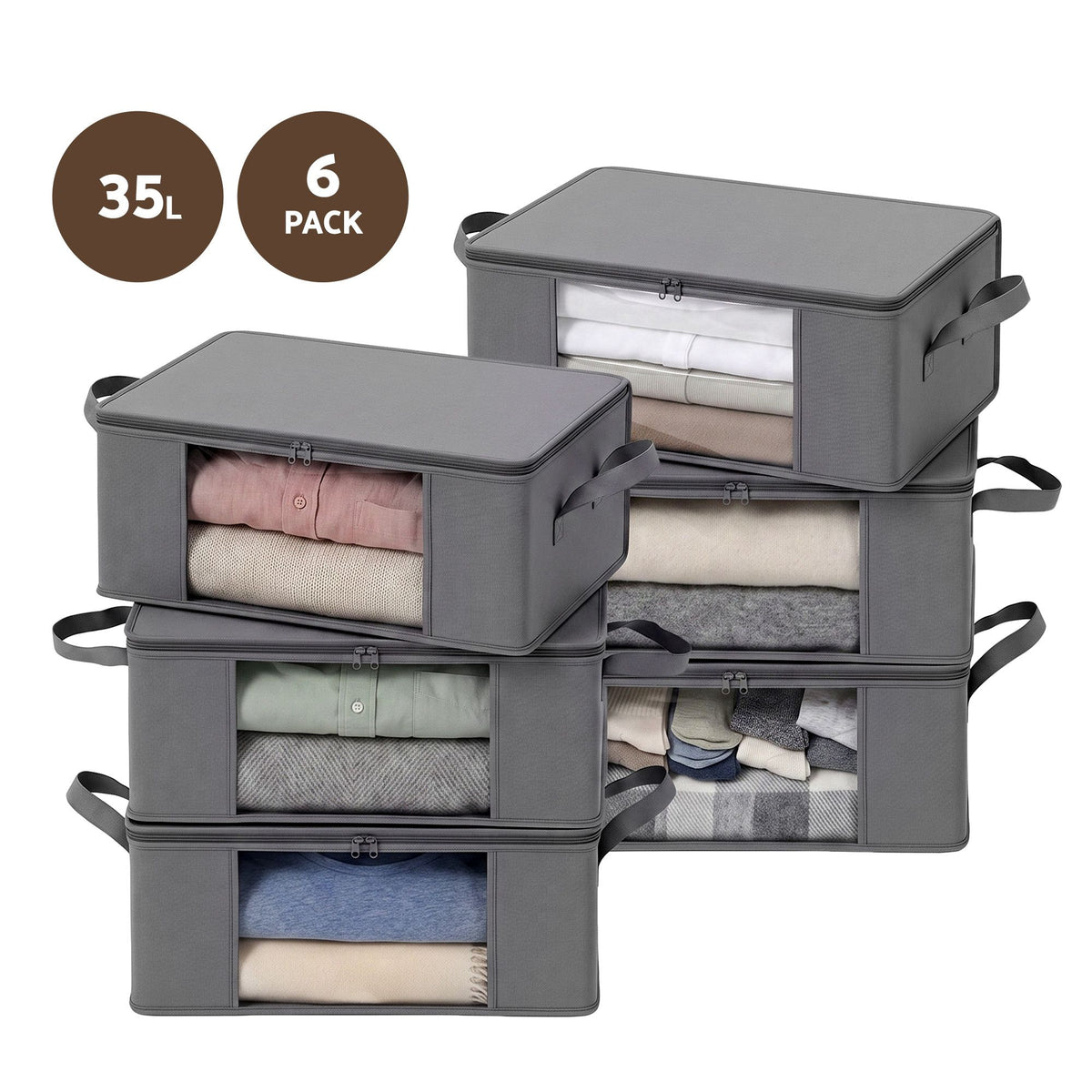 Six grey clothes storage bags with clear windows