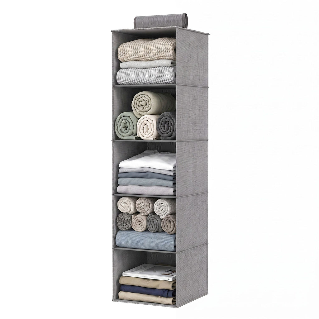 Grey 5-tier hanging wardrobe organiser