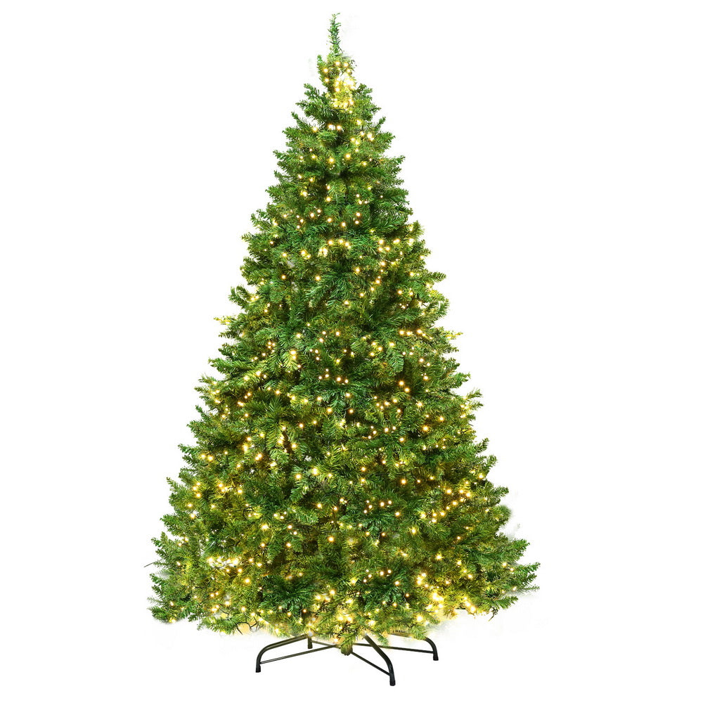 Pre-lit 2.1m Christmas tree with lights on, shown on a metal stand