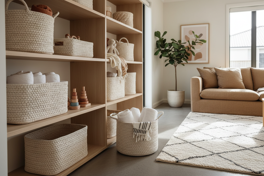 Cotton rope storage baskets set of 3 in a living room