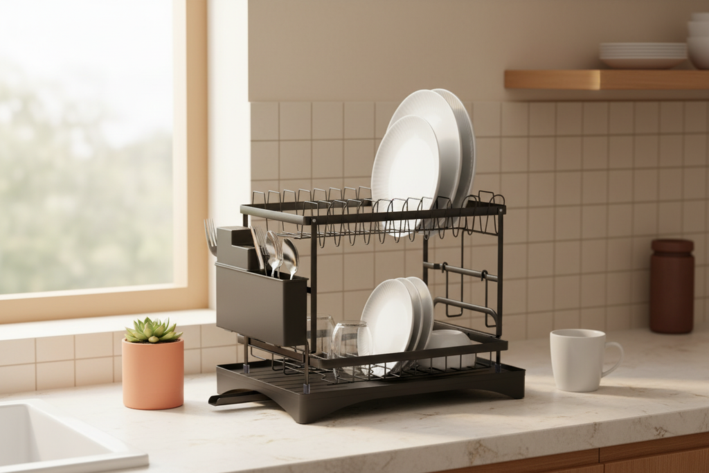 Two-tier dish rack with plates beside a kitchen window