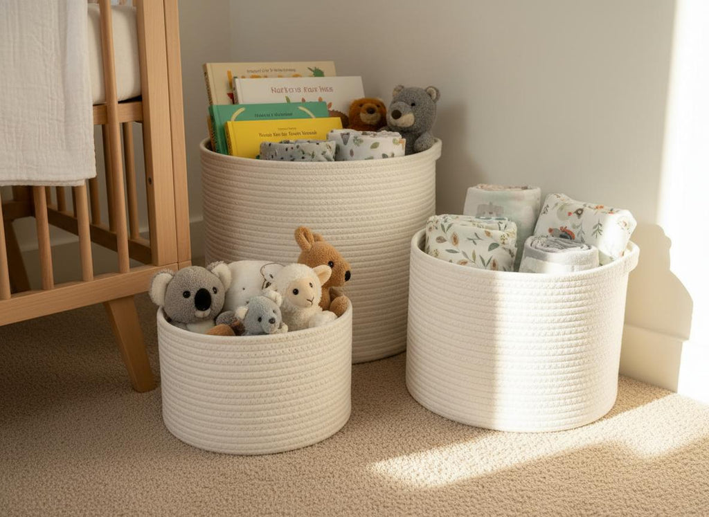 Cotton Rope Storage Baskets Set of 3 - Handwoven Boho Laundry Basket Nursery Organiser Australia
