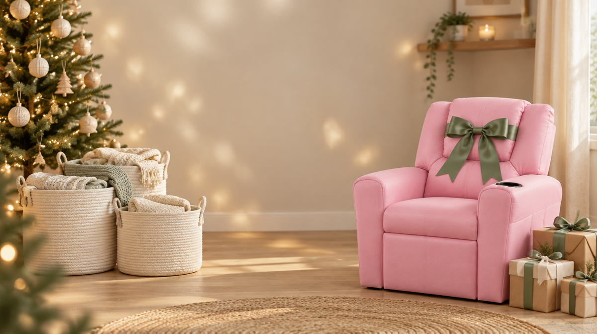 Pink kids recliner with a sage green bow, cotton rope baskets and a Christmas tree in a calm living room