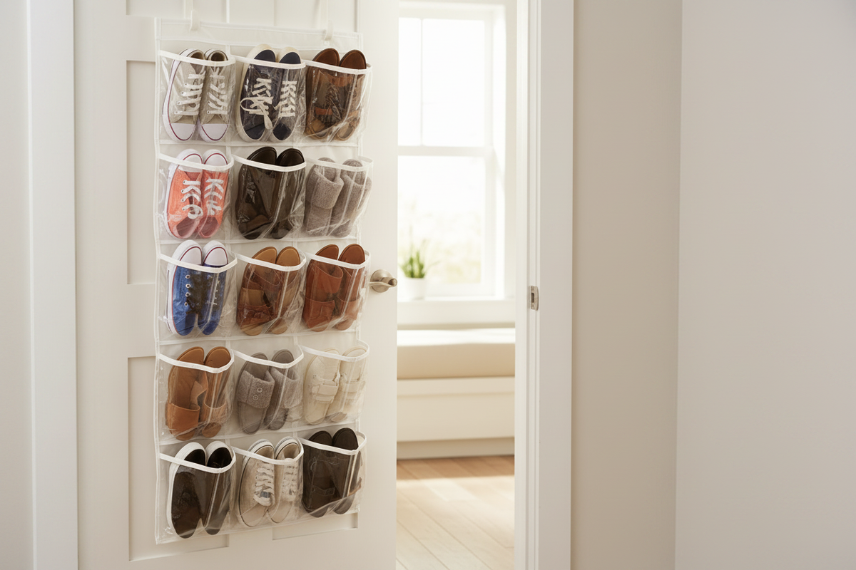 Over-door shoe organiser filled with shoes on a bedroom door