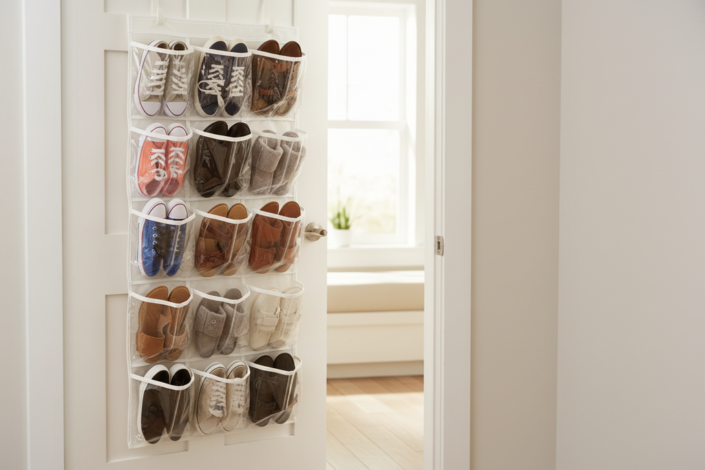 Over-door shoe organiser with 24 pockets hanging on a door