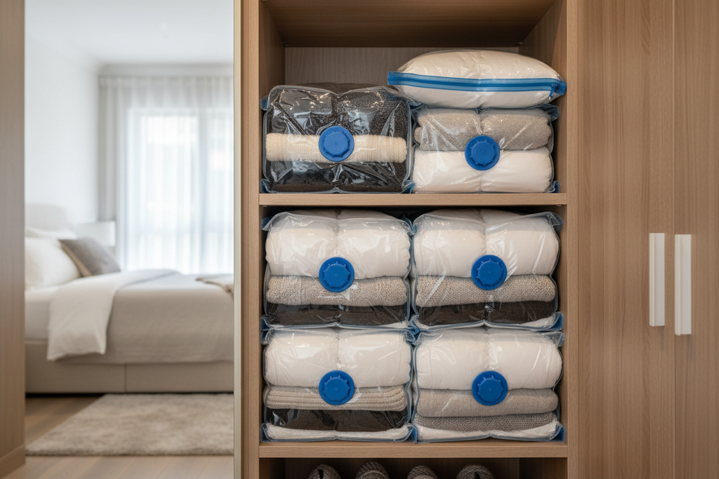 Vacuum-sealed bedding stacked on wardrobe shelves