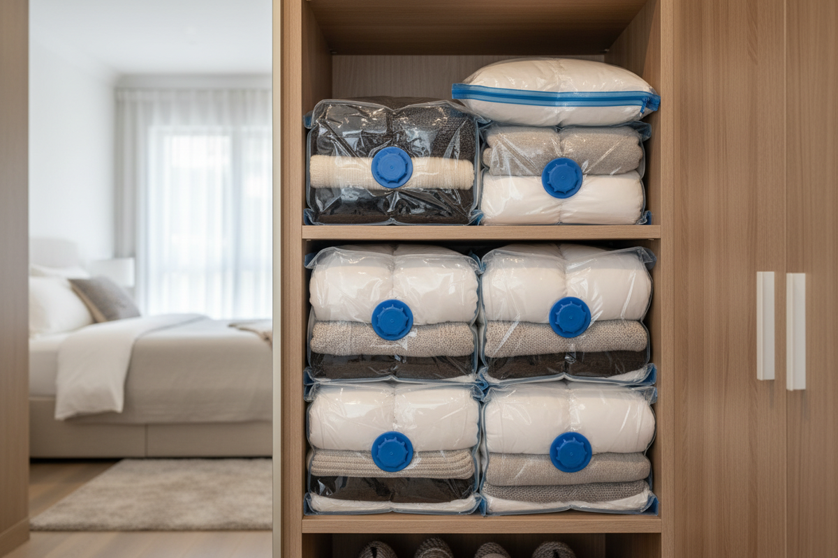 Vacuum-sealed bedding stacked on wardrobe shelves