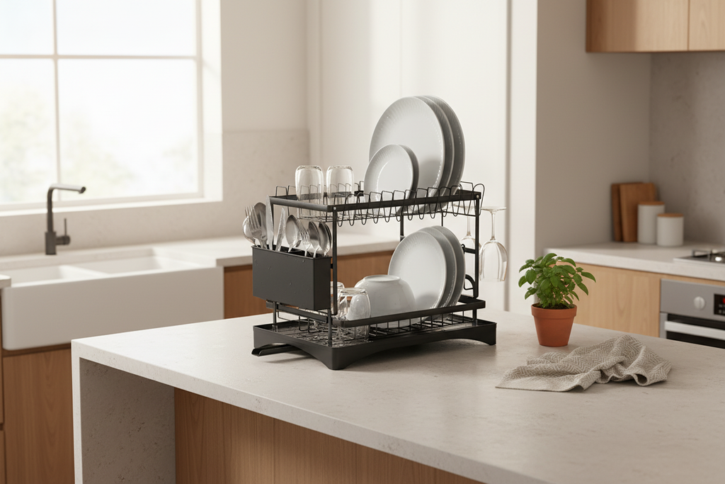 Two-tier dish rack holding plates on a kitchen bench beside the sink